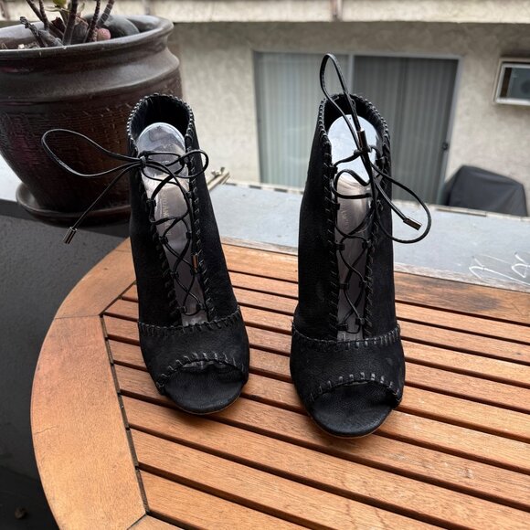 Enzo Angiolini Black Suede Open-Toe Lace-Up Heeled Ankle Boots Size 10M - Picture 1 of 8